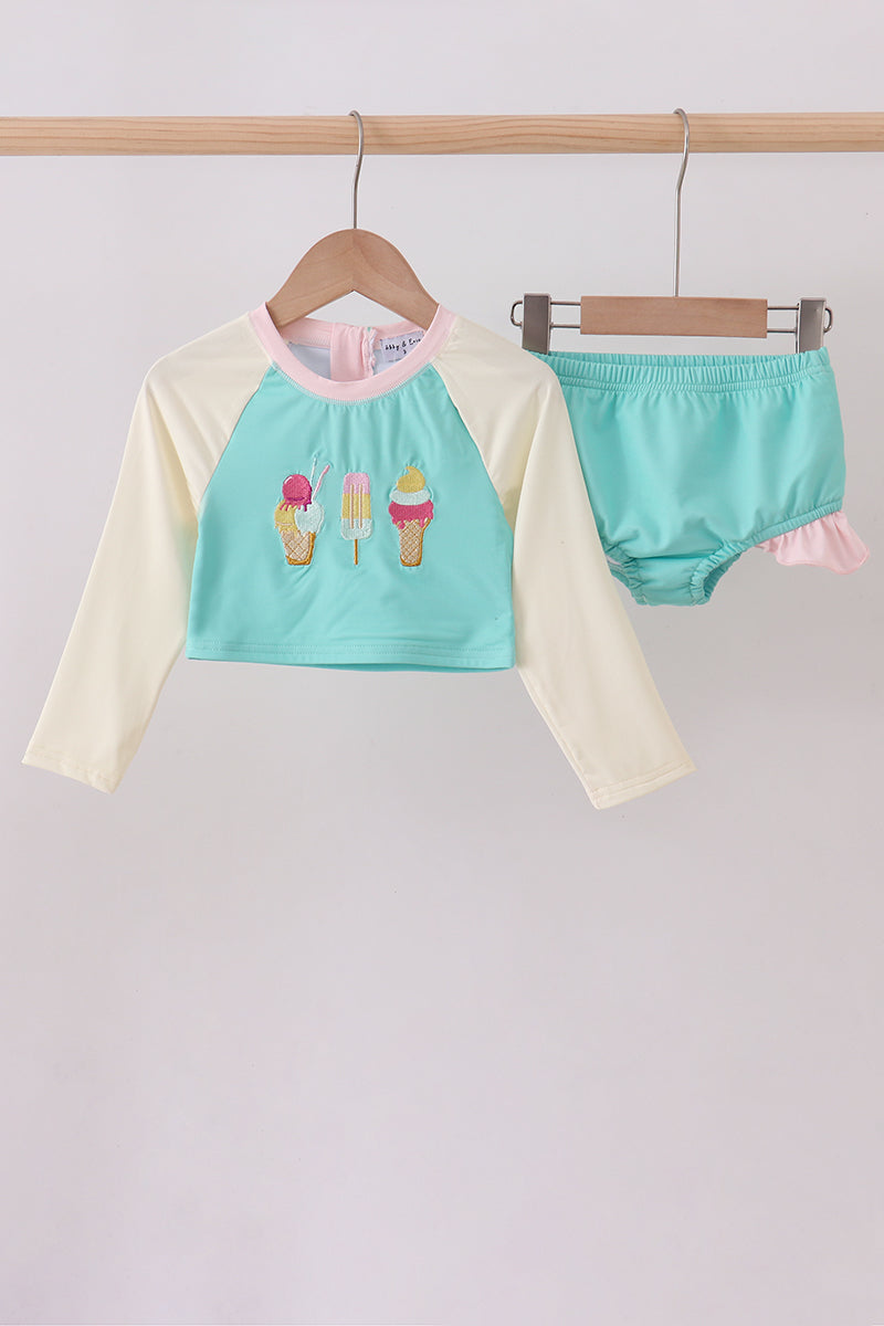 Color block ice cream embroidery 2pc swimsuit