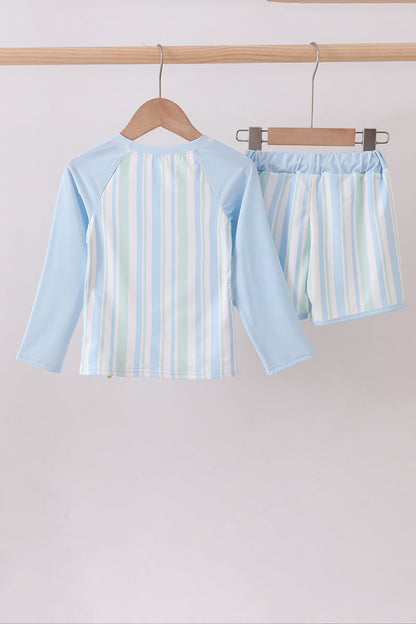 Blue character embroidery stripe long sleeve swimsuit