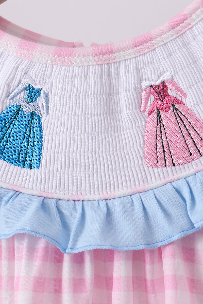 Pink princess smocked gingham ruffle pants set