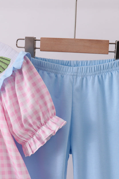 Pink princess smocked gingham ruffle pants set