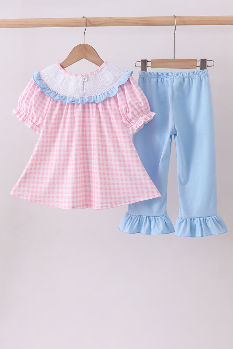 Pink princess smocked gingham ruffle pants set