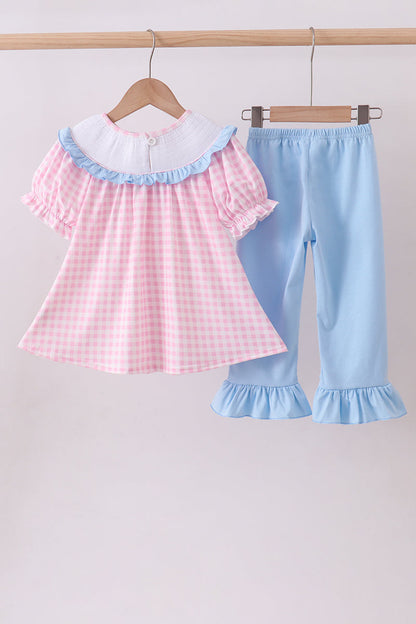 Pink princess smocked gingham ruffle pants set