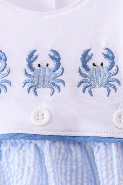 Blue Crab Embroidered Seersucker Bubble