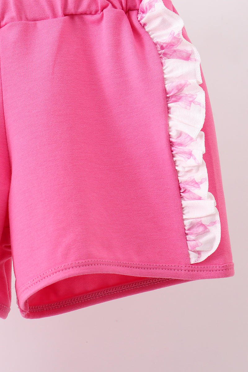 Pink bow goose applique ruffle shorts set