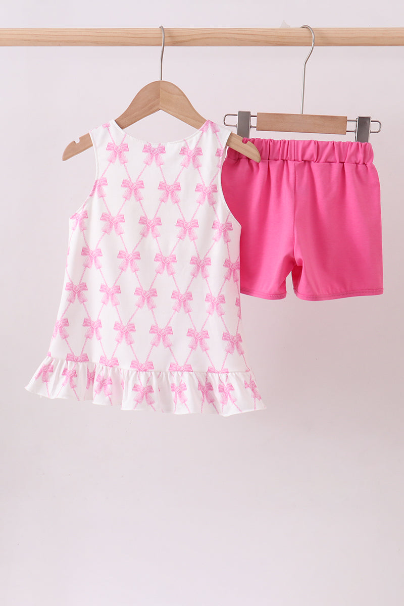 Pink bow goose applique ruffle shorts set