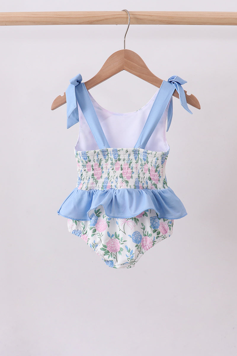 Blue floral smocked gingham one-piece swimsuit