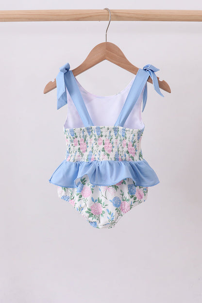 Blue floral smocked gingham one-piece swimsuit