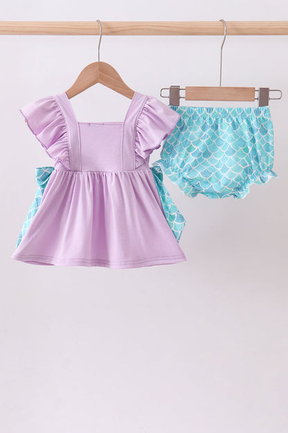 Purple mermaid embroidery ruffle bloomer set