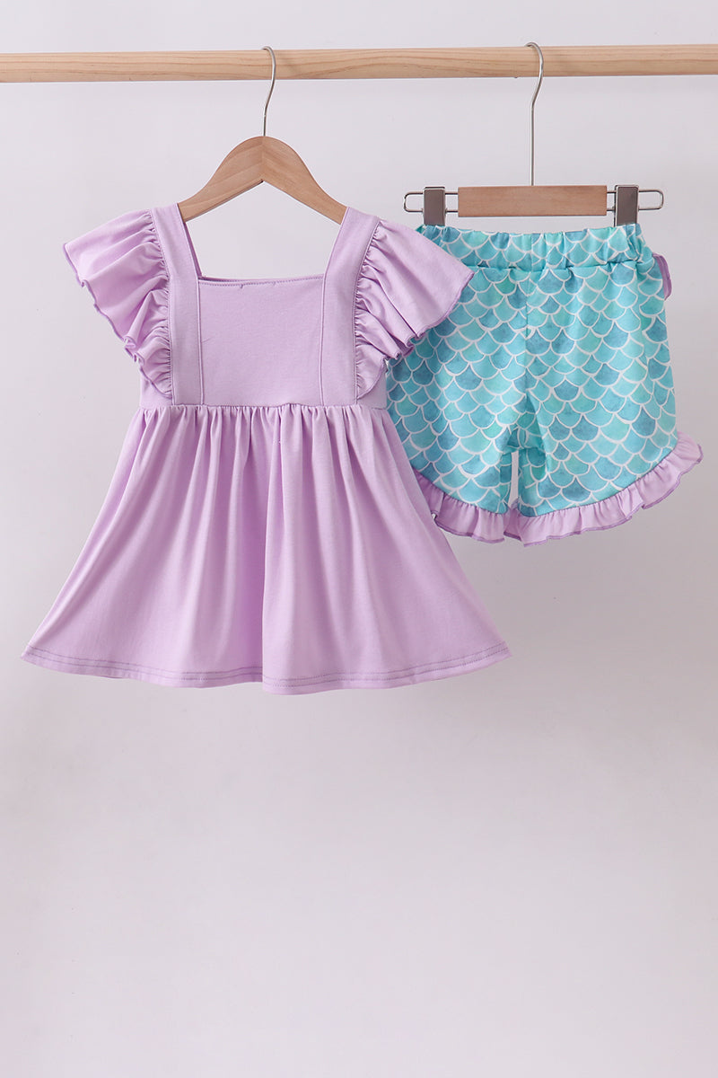 Purple mermaid embroidery ruffle shorts set