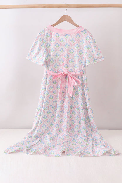 Pink hydrangea bow print tiered dress
