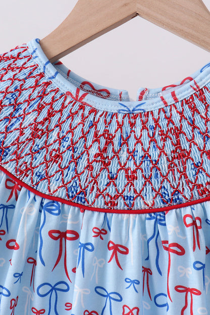 Blue bow smocked ruffle shorts set