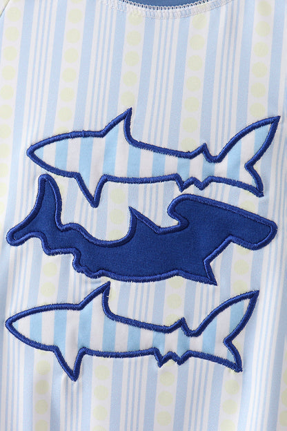 Blue shark applique stripe swimsuit