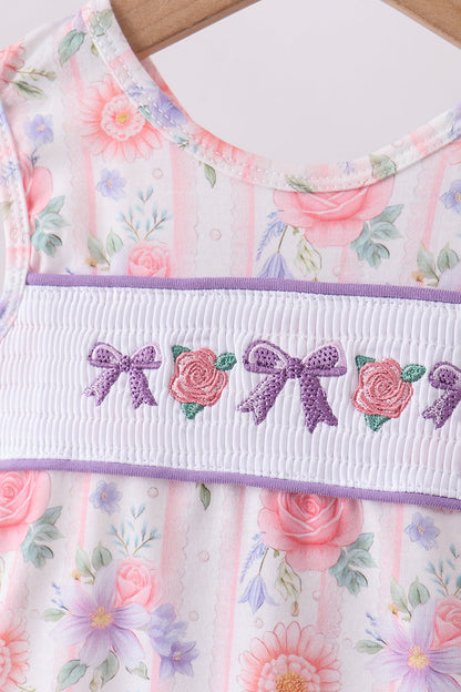 Purple rose bow smocked ruffle bloomer set