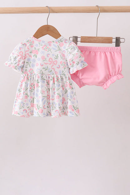 Pink floral bow smocked ruffle bloomer set