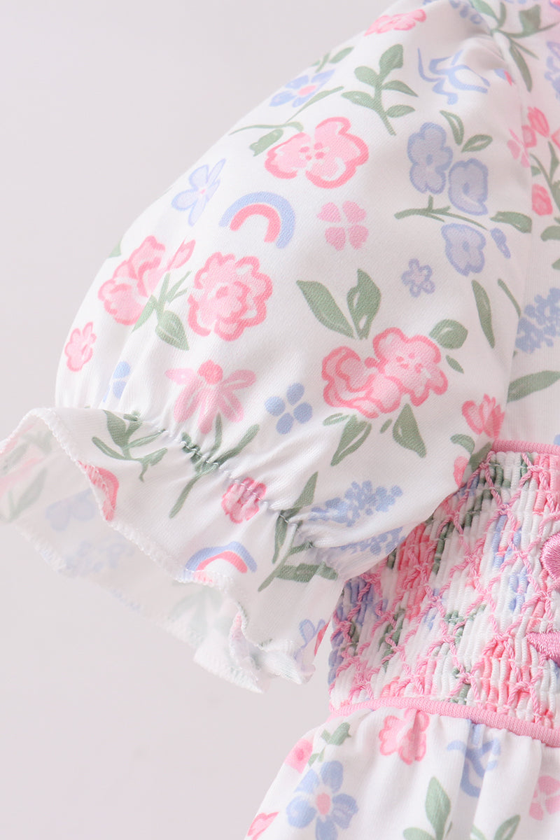 Pink floral bow smocked ruffle bloomer set
