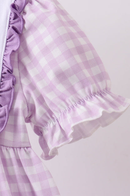 Purple floral embroidery gingham ruffle dress
