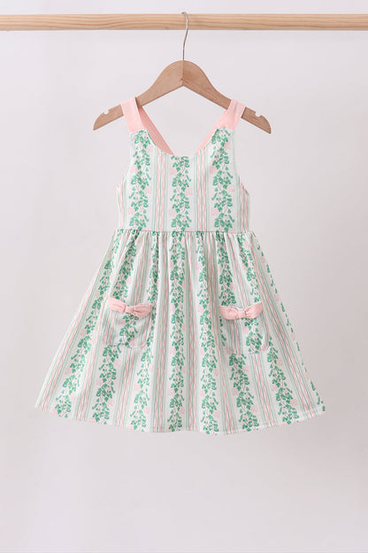 Green floral stripe pocket dress