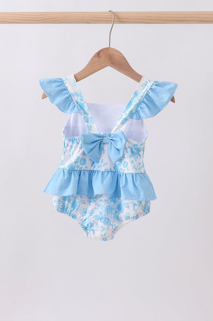 Blue rose smocked ruffle one-piece swimsuit