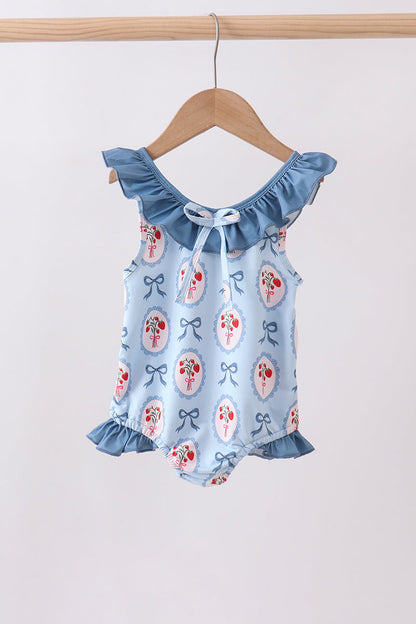 Blue strawberry bow ruffle one-piece swimsuit