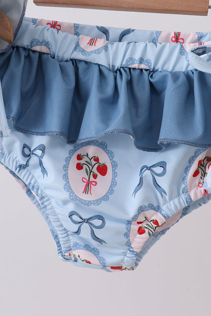 Blue strawberry bow ruffle 2pc swimsuit