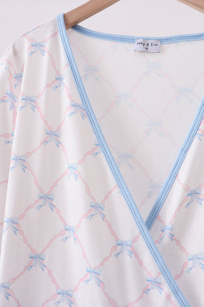Blue bow ribbon print dress