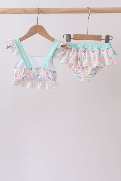 Green castle cream ruffle 2pc swimsuit