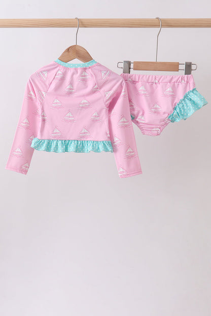 Pink sailboat print ruffle rashguard set