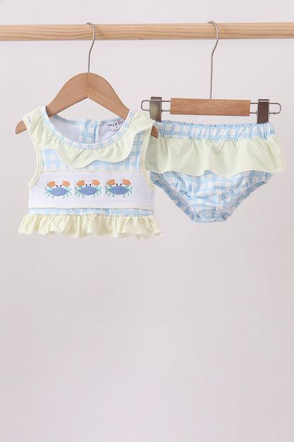 Yellow crab smocked ruffle 2pc swimsuit