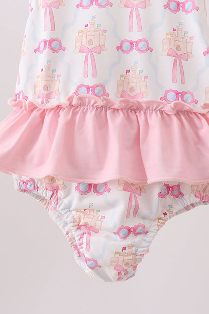 Pink bow castle ruffle one-piece swimsuit