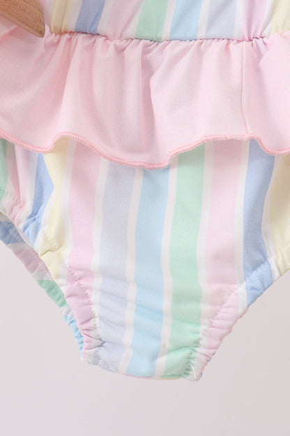 Rainbow stripe butterfly smocked ruffle 2pc swimsuit