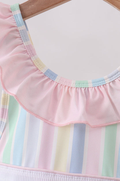 Rainbow stripe butterfly smocked ruffle one-piece swimsuit