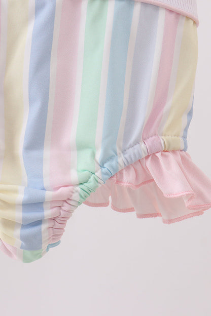 Rainbow stripe butterfly smocked ruffle one-piece swimsuit
