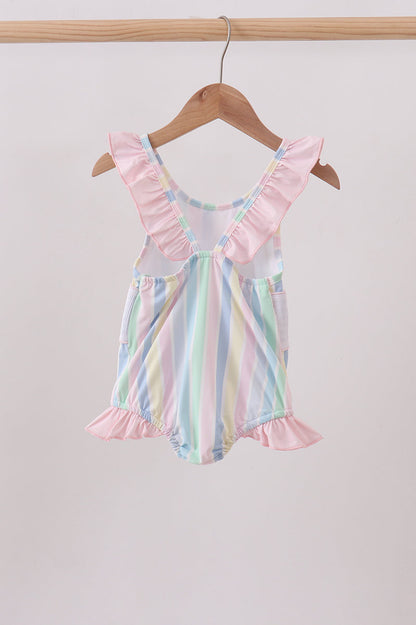Rainbow stripe butterfly smocked ruffle one-piece swimsuit