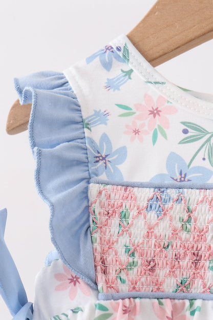 Blue Floral Smocked Ruffle Bubble