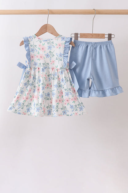 Blue Floral Smocked Ruffle Set