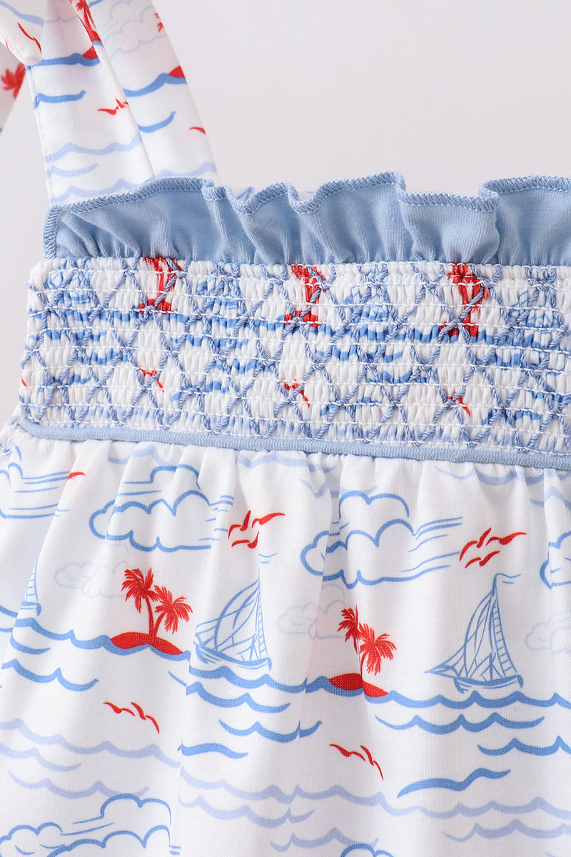 Blue Sailboat Smocked Bloomer Set