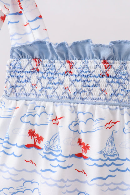 Blue Sailboat Smocked Bloomer Set