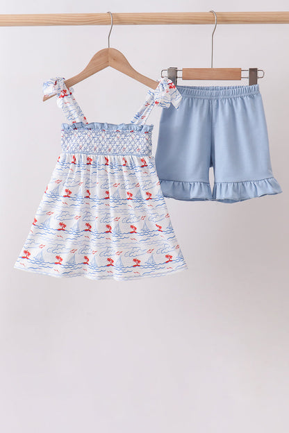 Blue Sailboat Smocked Set