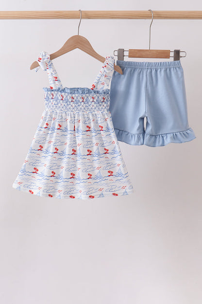 Blue Sailboat Smocked Set