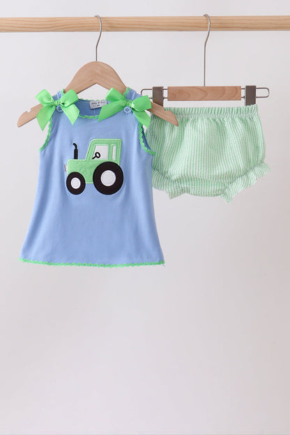 Blue Tractor Applique Seersucker Bloomer Set