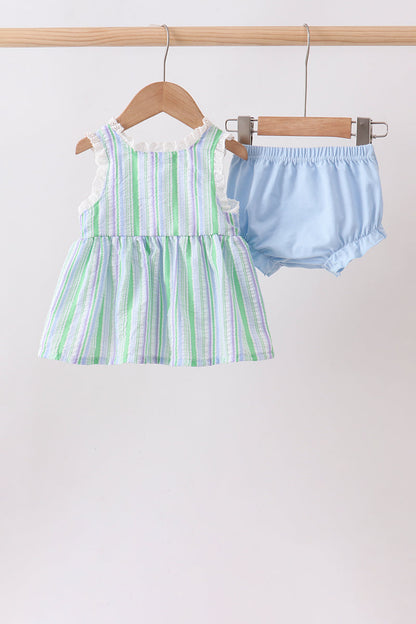 Green Stripe Smocked Bow Seersucker Bloomer Set