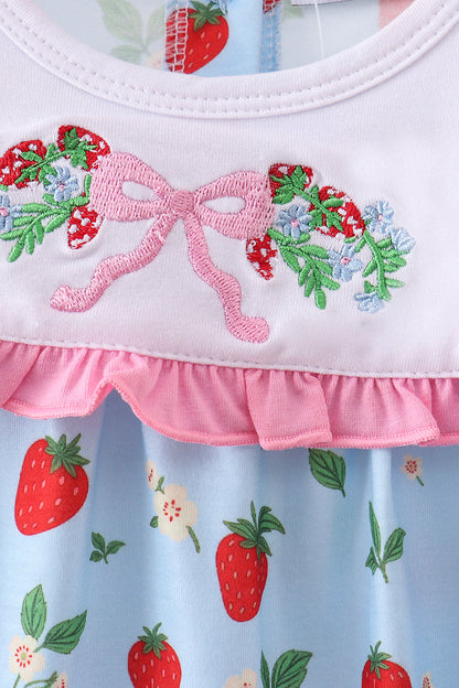 Blue Strawberry Embroidered Ruffle Bow Bubble