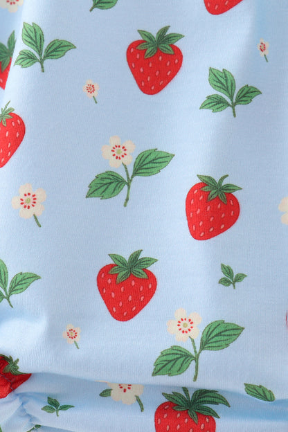 Blue Strawberry Embroidered Ruffle Bow Bubble
