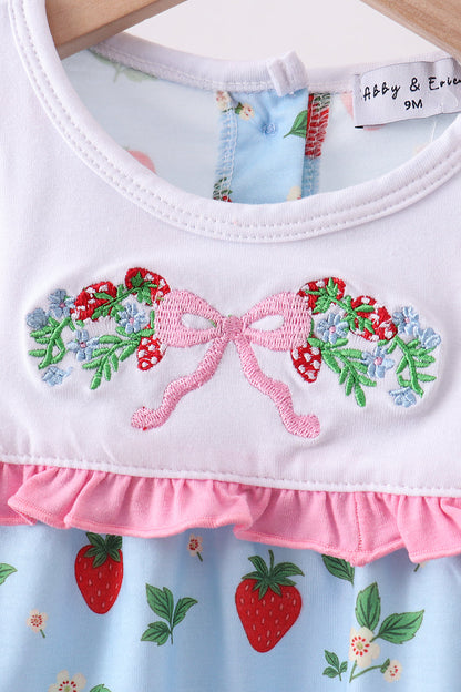 Blue Strawberry Embroidered Bow Bloomer Set