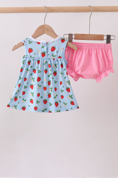 Blue Strawberry Embroidered Bow Bloomer Set