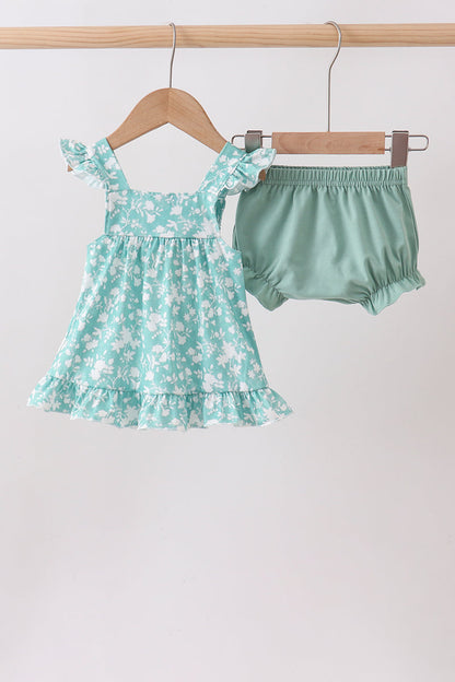 Sage Floral Smocked Bloomer Set