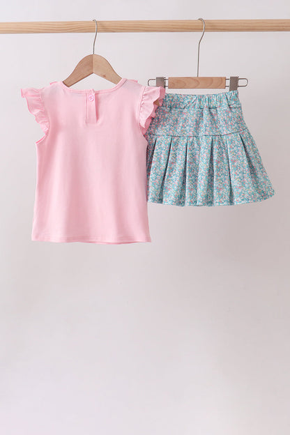 Pink Bear Floral Applique Skorts Set