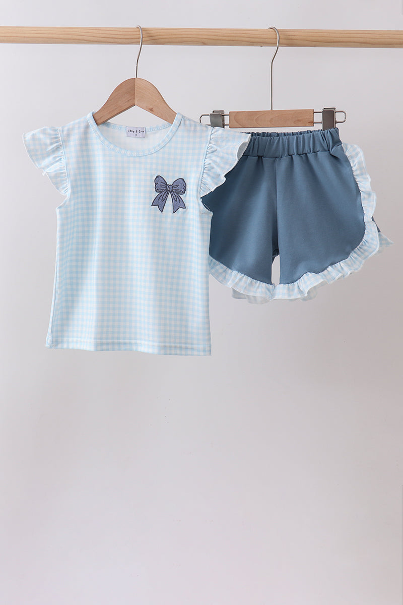 Blue Plaid Embroidered Bow Set