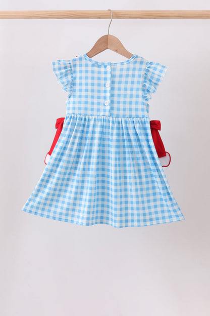 Blue Apple Appliqué Gingham Ruffle Dress