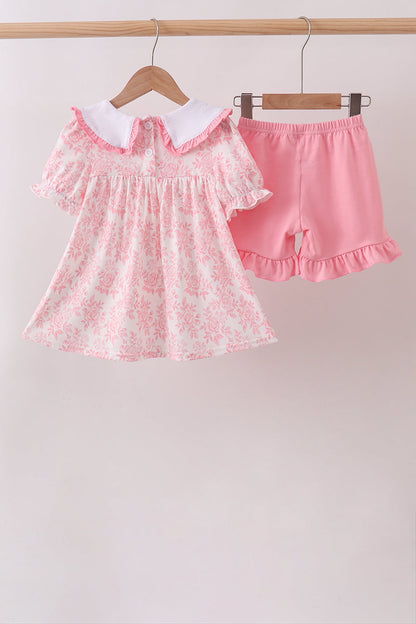 Pink Rose Apple Embroidery Ruffle Dress